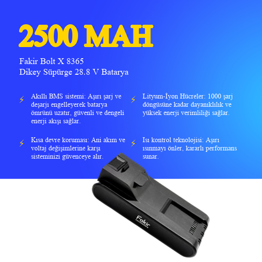 Fakir Bolt X 8365 Dikey Süpürge 2500 mAh 28.8 V Batarya – Orjinal Uyumlu Uzun Ömürlü, Yüksek Performans Pil