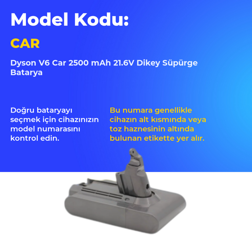 Dyson V6 Car 2500 mAh 21.6V Dikey Süpürge Batarya