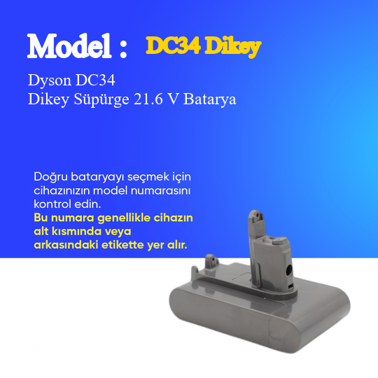 Dyson DC34 Tip B Dikey Süpürge 2500 mAh 21.6 V Batarya – Orjinal Uyumlu Uzun Ömürlü, Yüksek Performans Pil