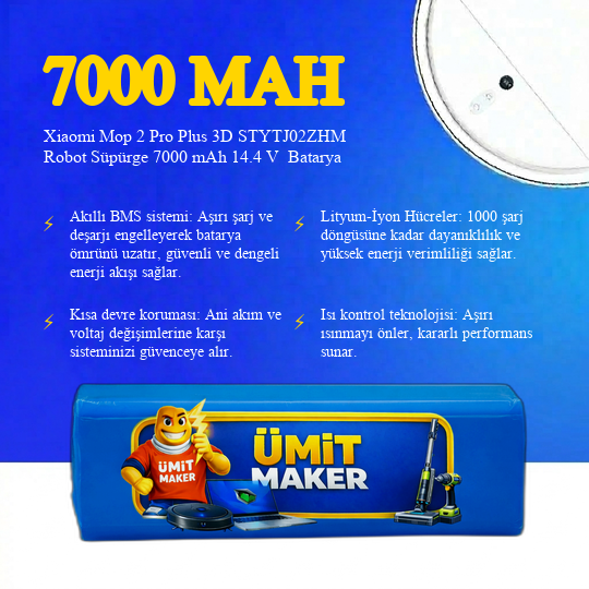 Xiaomi Mop 2 Pro Plus 3D STYTJ02ZHM Robot Süpürge 7000 mAh 14.4 V  Batarya – Orjinal Uyumlu Uzun Ömürlü, Yüksek Performans Pil