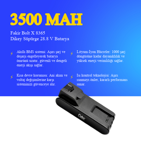 Fakir Bolt X 8365 Dikey Süpürge 3500 mAh 28.8 V Batarya – Orjinal Uyumlu Uzun Ömürlü, Yüksek Performans Pil