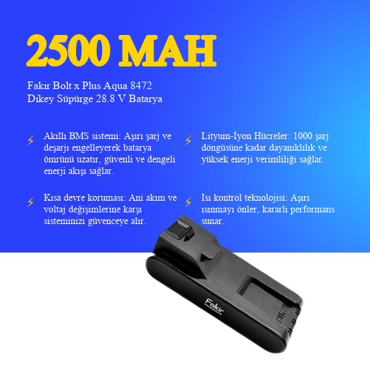 Fakir Bolt x Plus Aqua 8472 Dikey Süpürge 2500 mAh 28.8 V Batarya – Orjinal Uyumlu Uzun Ömürlü, Yüksek Performans Pil