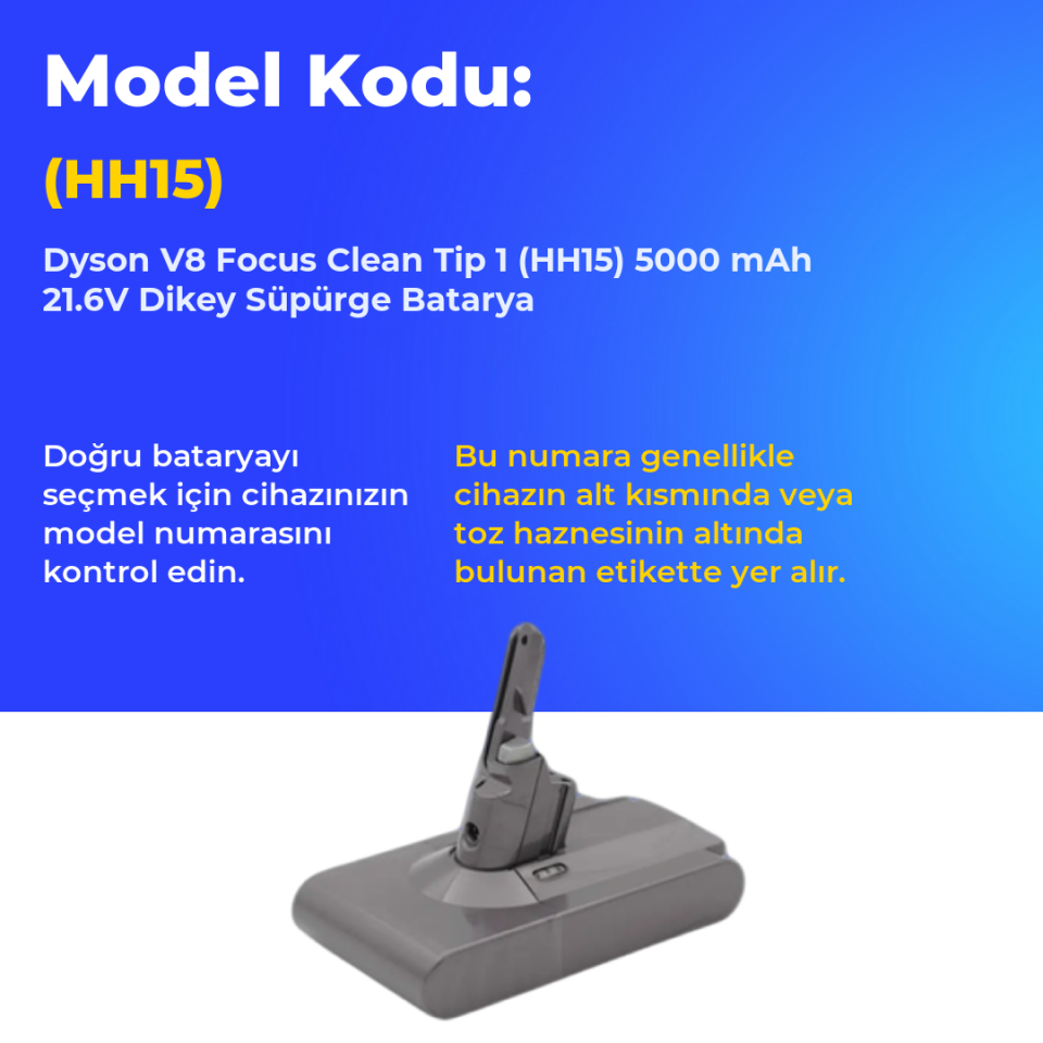 Dyson V8 Focus Clean Tip 1 (HH15) 5000 mAh 21.6V Dikey Süpürge Batarya