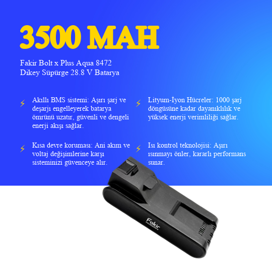 Fakir Bolt x Plus Aqua 8472 Dikey Süpürge 3500 mAh 28.8 V Batarya – Orjinal Uyumlu Uzun Ömürlü, Yüksek Performans Pil