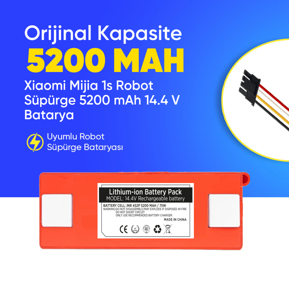 Xiaomi Mijia 1s Robot Süpürge 5200 mAh 14.4 V  Batarya – Orjinal Uyumlu Uzun Ömürlü, Yüksek Performans Pil