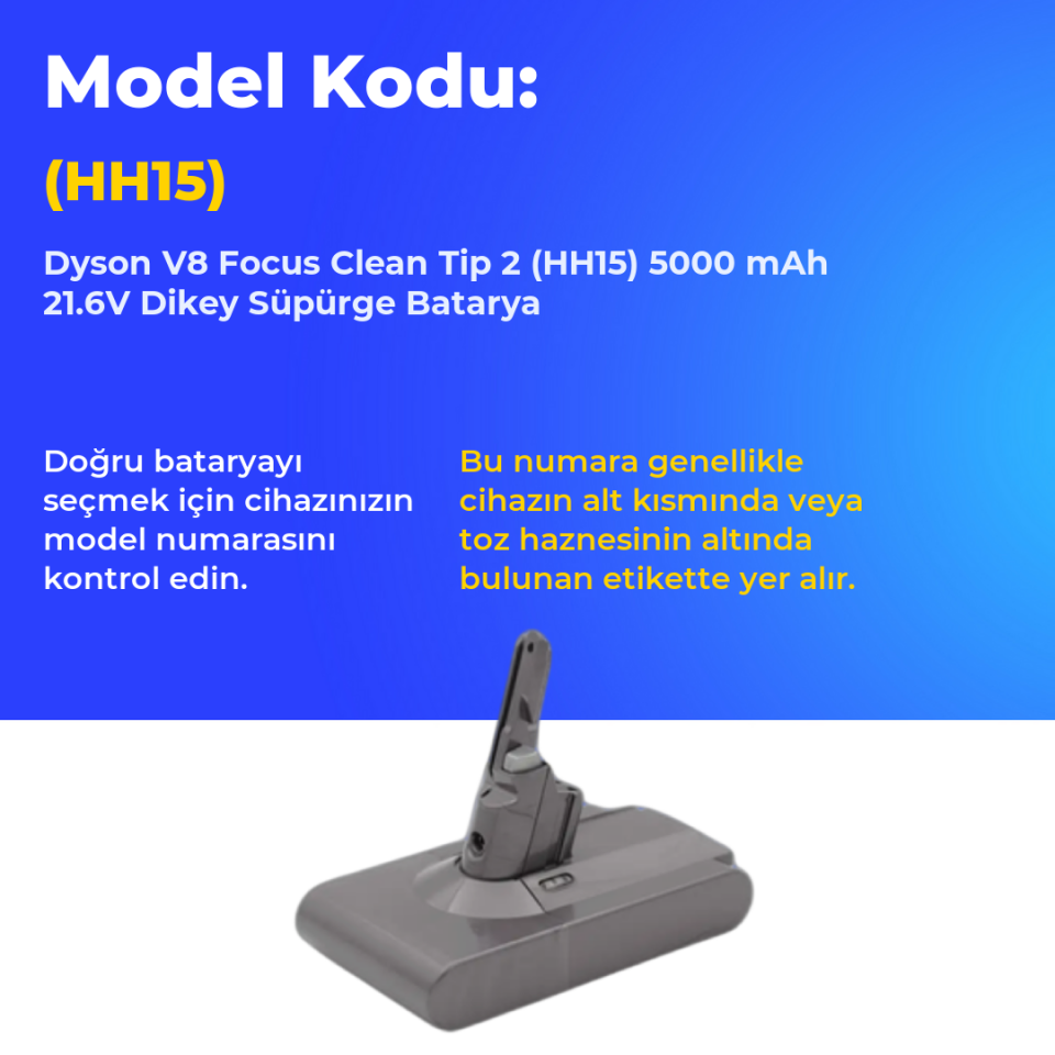 Dyson V8 Focus Clean Tip 2 (HH15) 5000 mAh 21.6V Dikey Süpürge Batarya