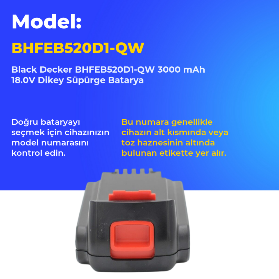 Black Decker BHFEB520D1-QW 3000 mAh 18.0V Dikey Süpürge Batarya