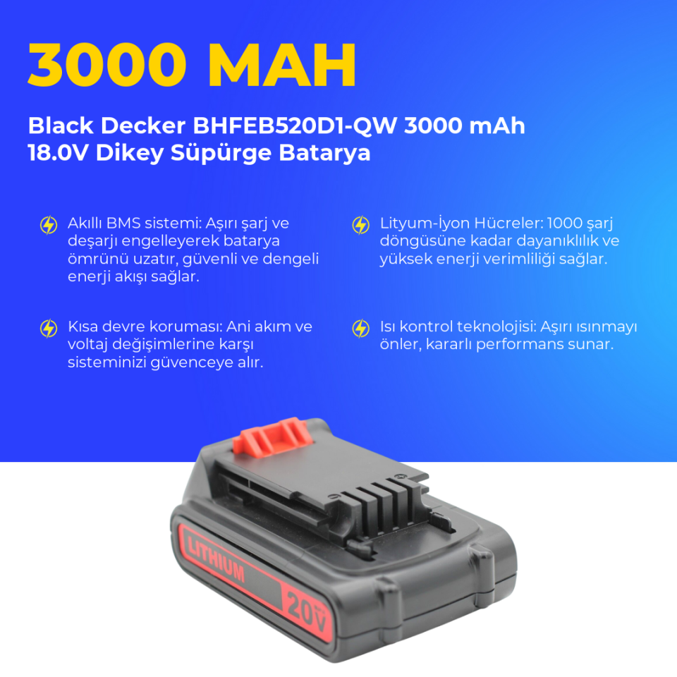 Black Decker BHFEB520D1-QW 3000 mAh 18.0V Dikey Süpürge Batarya