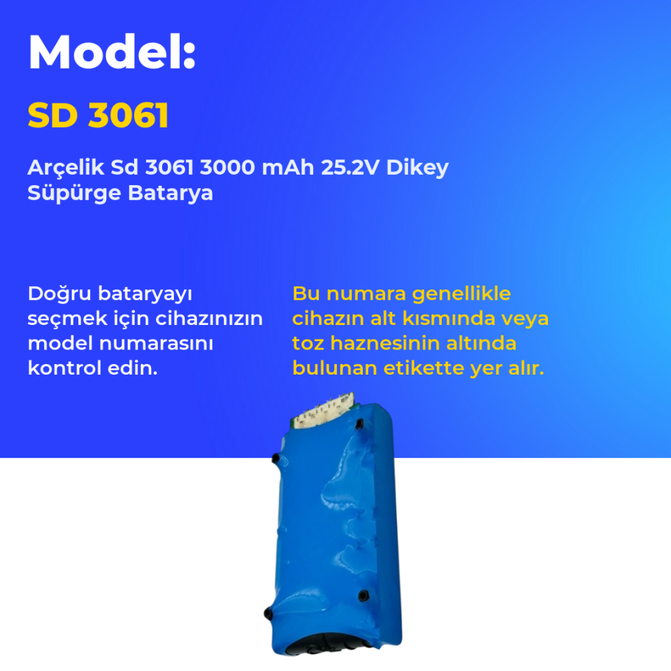 Arçelik Sd 3061 3000 mAh 25.2V Dikey Süpürge Batarya