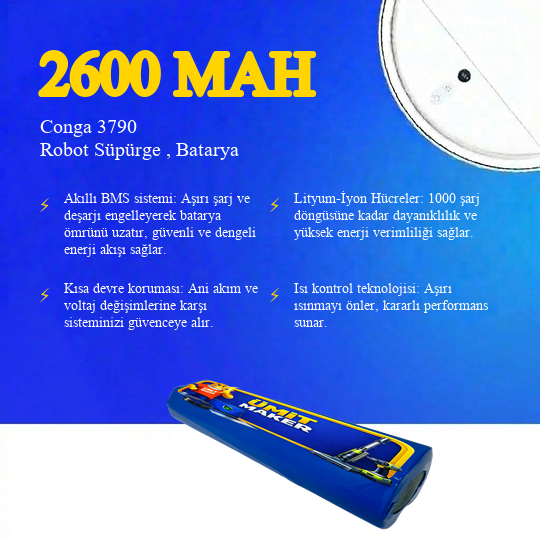 Conga 3790 Robot Süpürge 2600 mAh 14.4 V, Batarya – Orjinal Uyumlu Uzun Ömürlü, Yüksek Performans Pil