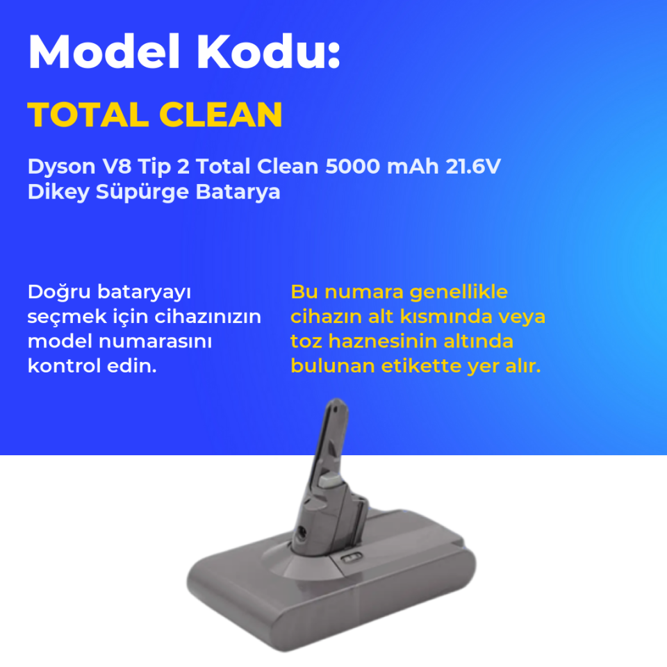 Dyson V8 Tip 2 Total Clean 5000 mAh 21.6V Dikey Süpürge Batarya