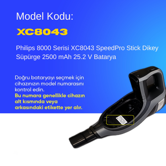 Philips 8000 Serisi XC8043 SpeedPro Stick  Dikey Süpürge 2500 mAh 25.2 V  Batarya – Orjinal Uyumlu Uzun Ömürlü, Yüksek Performans Pil