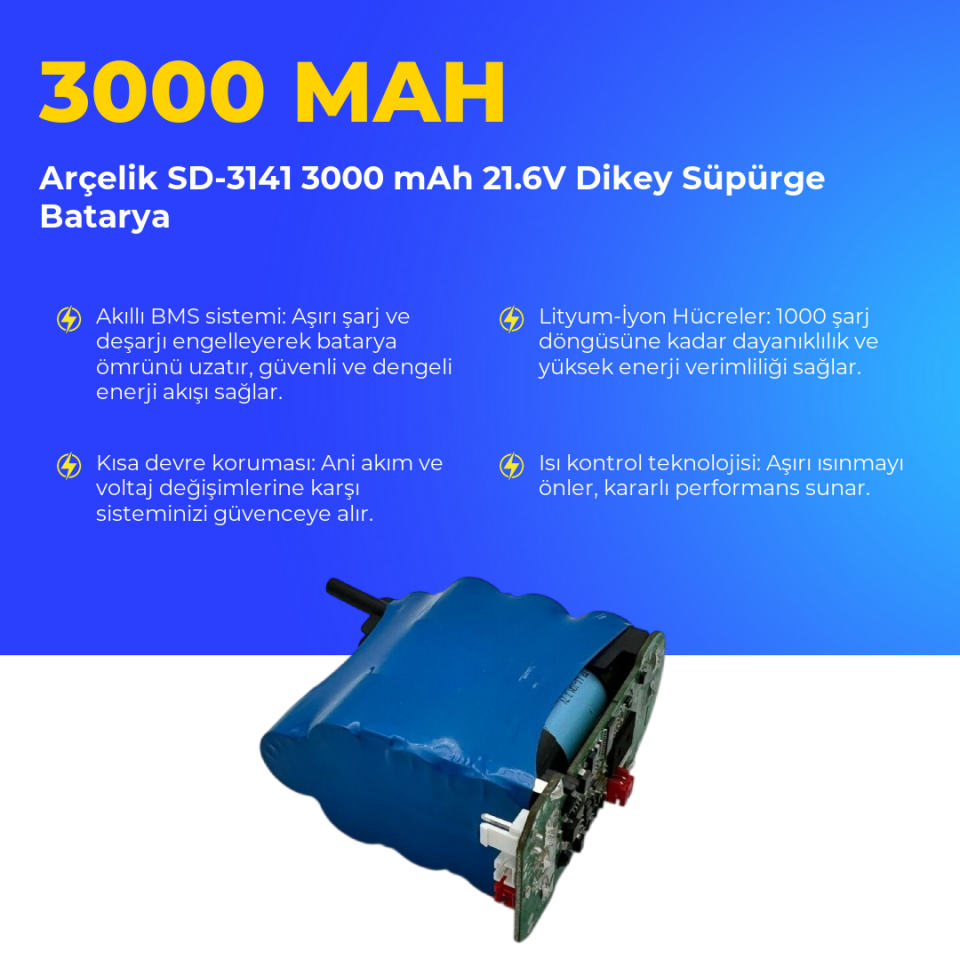 Arçelik SD-3141 3000 mAh 21.6V Dikey Süpürge Batarya