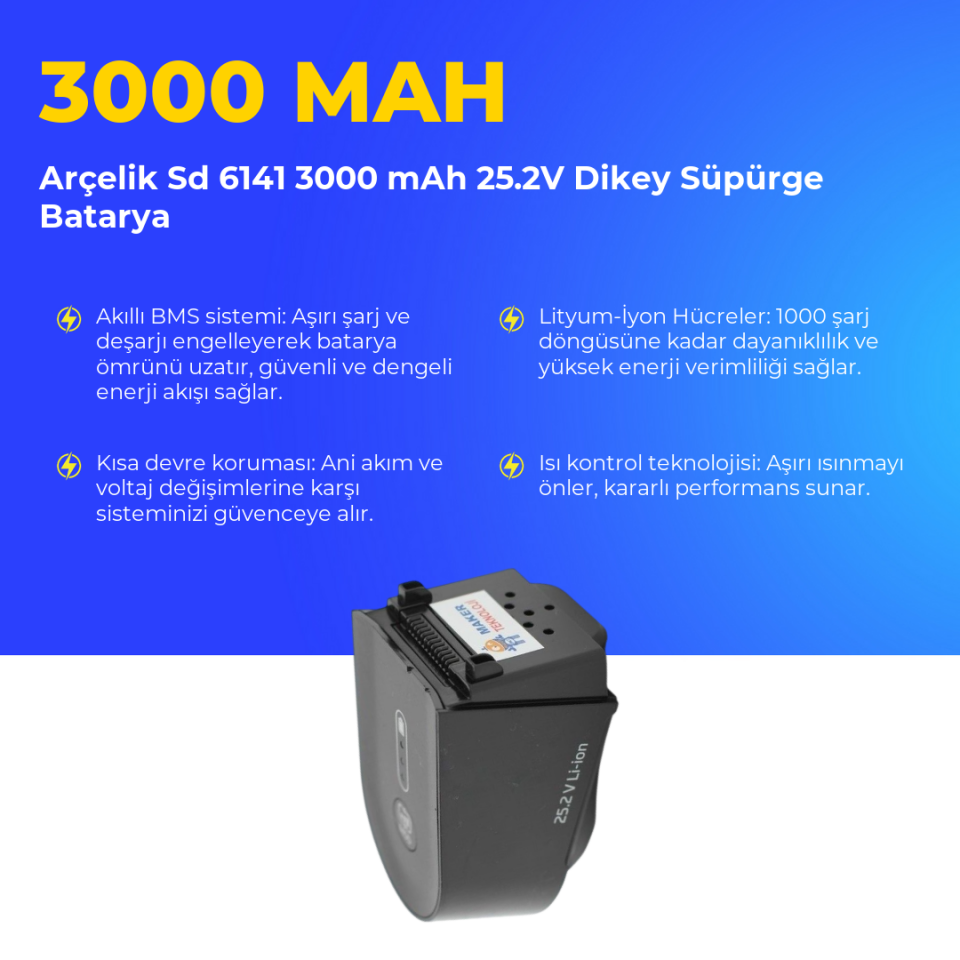 Arçelik Sd 6141 3000 mAh 25.2V Dikey Süpürge Batarya