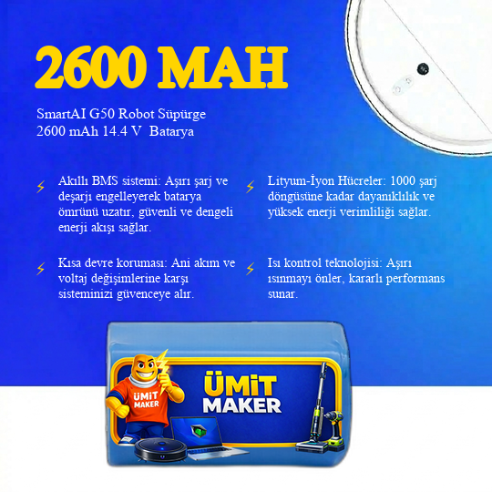 SmartAI G50 Robot Süpürge 2600 mAh 14.4 V  Batarya – Orjinal Uyumlu Uzun Ömürlü, Yüksek Performans Pil