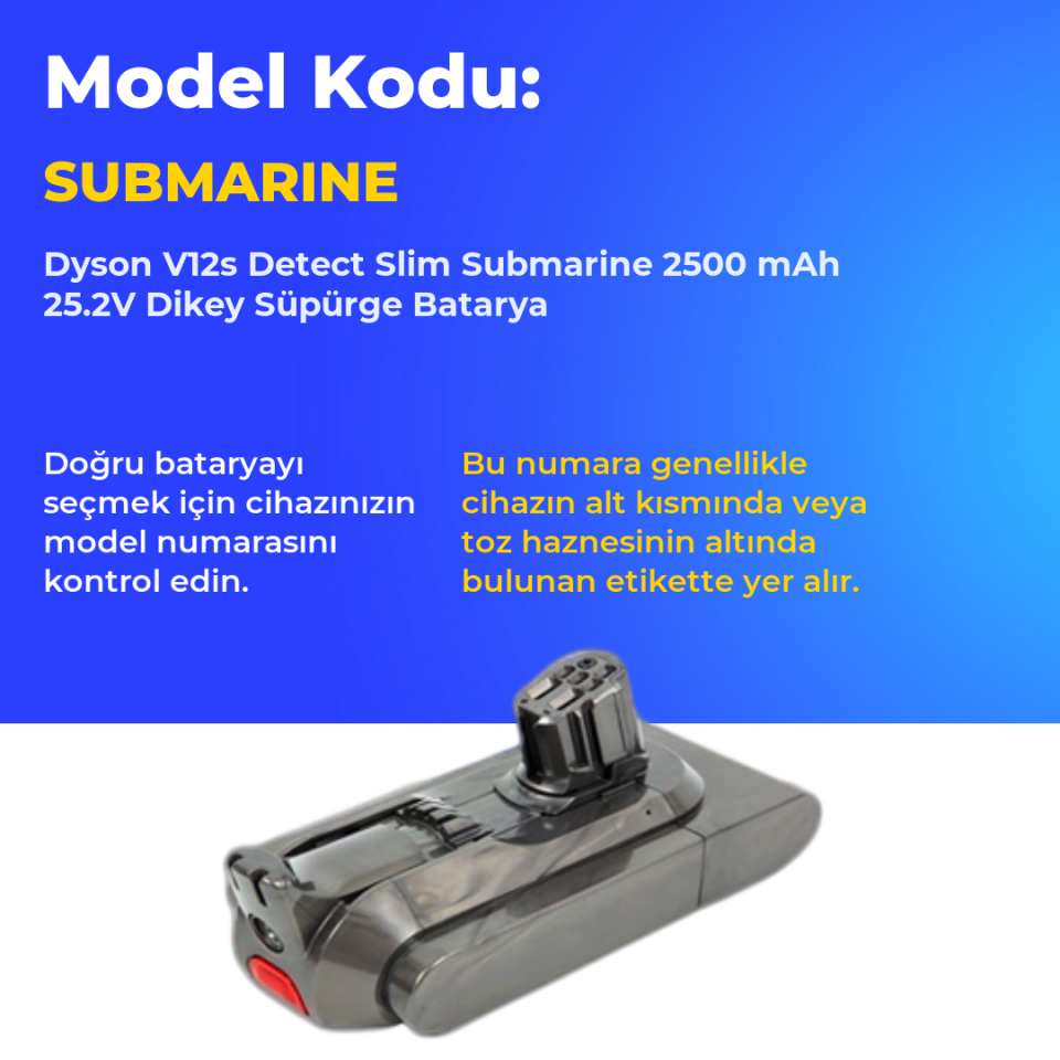 Dyson V12s Detect Slim Submarine 2500 mAh 25.2V Dikey Süpürge Batarya