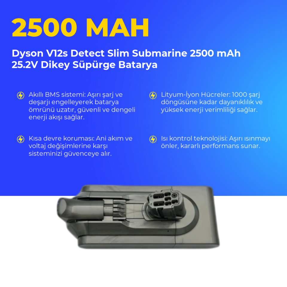 Dyson V12s Detect Slim Submarine 2500 mAh 25.2V Dikey Süpürge Batarya