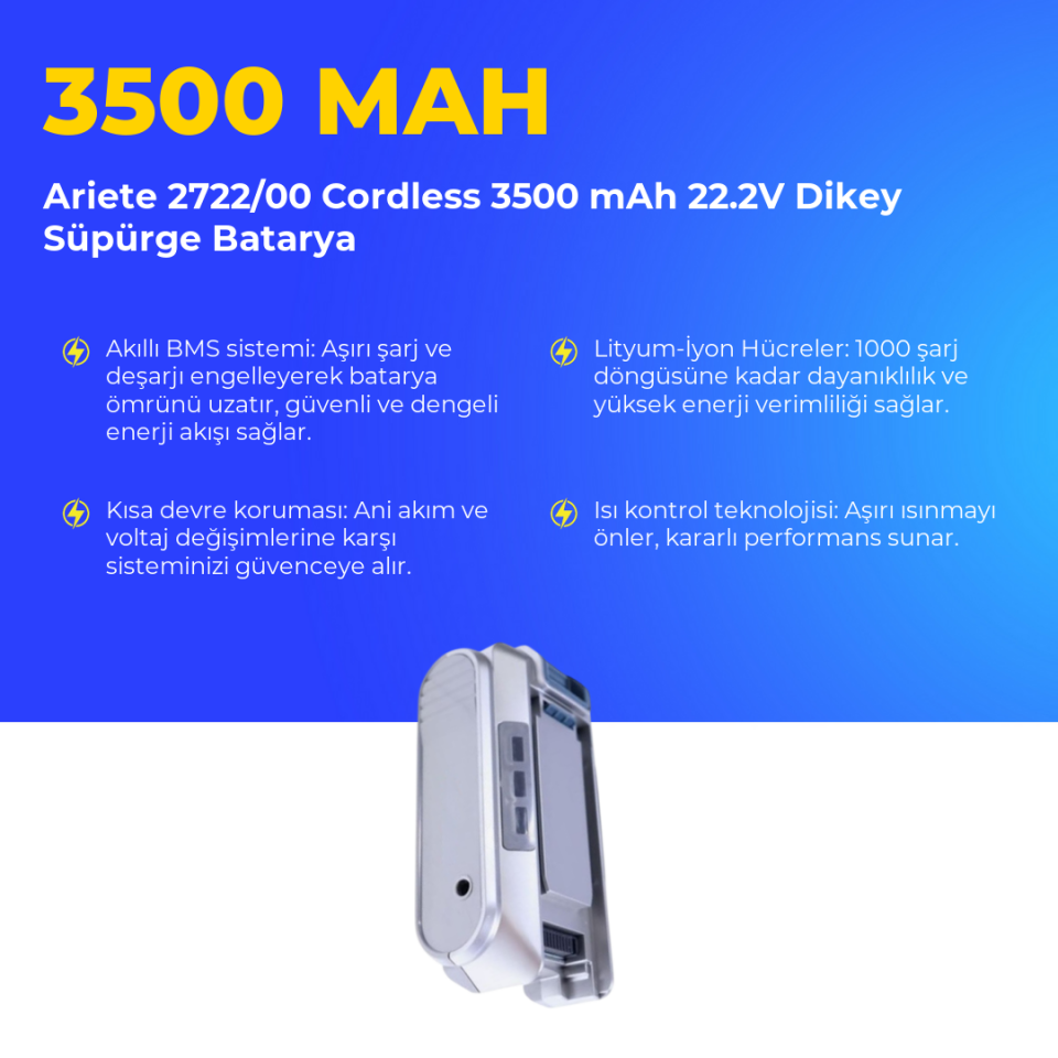 Ariete 2722/00 Cordless 3500 mAh 22.2V Dikey Süpürge Batarya
