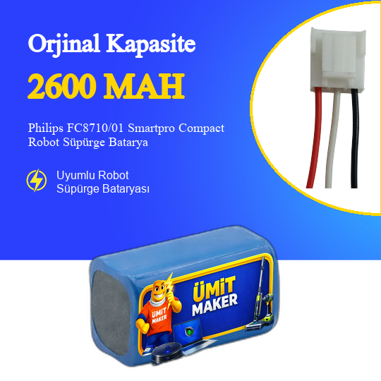 Philips FC8710/01 Smartpro Compact Robot Süpürge 2600 mAh 14.4V Batarya – Orjinal Uyumlu Uzun Ömürlü, Yüksek Performans Pil