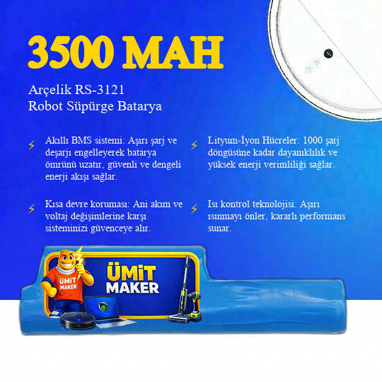 Arçelik RS-3121 Robot Süpürge 3500 Mah 10.8 V Batarya – Orjinal Uyumlu Uzun Ömürlü, Yüksek Performans Pil