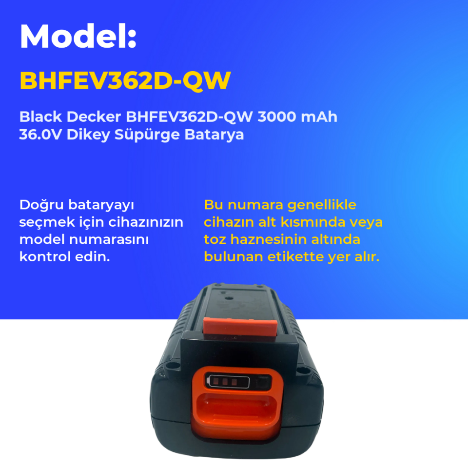 Black Decker BHFEV362D-QW 3000 mAh 36.0V Dikey Süpürge Batarya