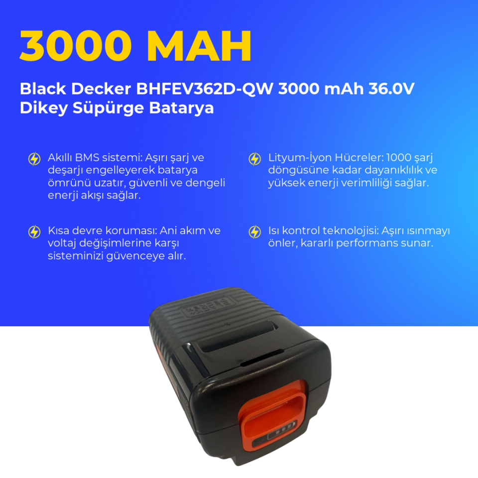 Black Decker BHFEV362D-QW 3000 mAh 36.0V Dikey Süpürge Batarya