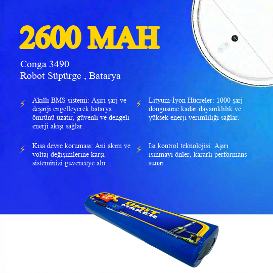 Conga 3490 Robot Süpürge 2600 mAh 14.4 V, Batarya – Orjinal Uyumlu Uzun Ömürlü, Yüksek Performans Pil