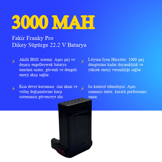 Fakir Franky Pro Dikey Süpürge 3000 mAh 22.2 V Batarya – Orjinal Uyumlu Uzun Ömürlü, Yüksek Performans Pil