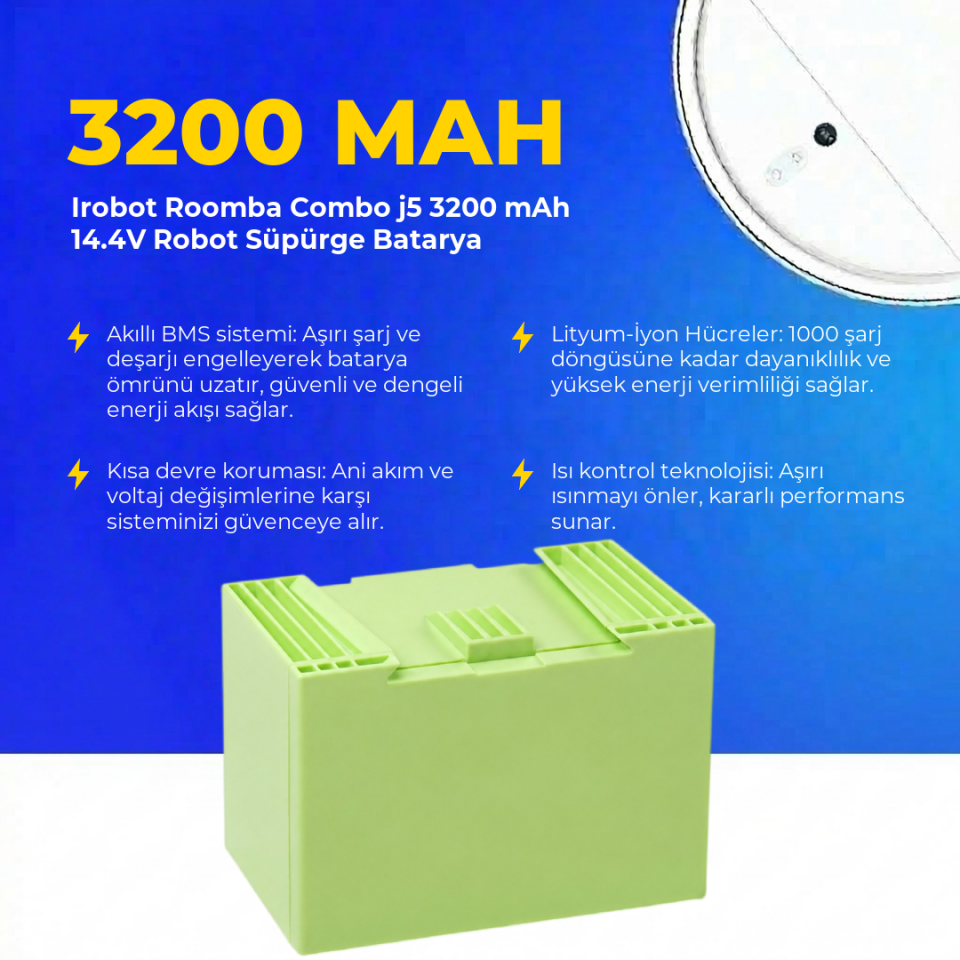 Irobot Roomba Combo j5 3200 mAh 14.4V Robot Süpürge Batarya