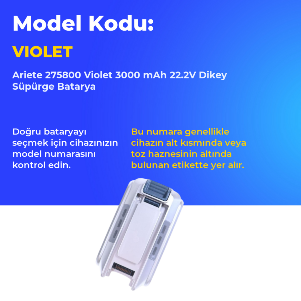 Ariete 275800 Violet 3000 mAh 22.2V Dikey Süpürge Batarya