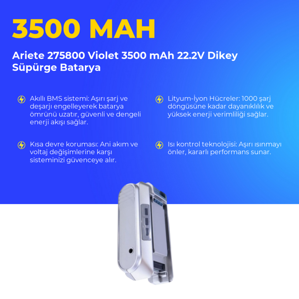 Ariete 275800 Violet 3500 mAh 22.2V Dikey Süpürge Batarya
