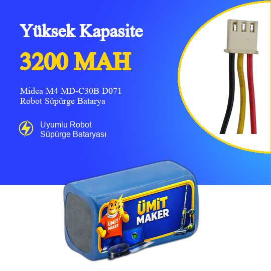 Midea M4 MD-C30B D071 Robot Süpürge 3200 mAh 14.4 V Batarya – Orjinal Uyumlu Uzun Ömürlü, Yüksek Performans Pil