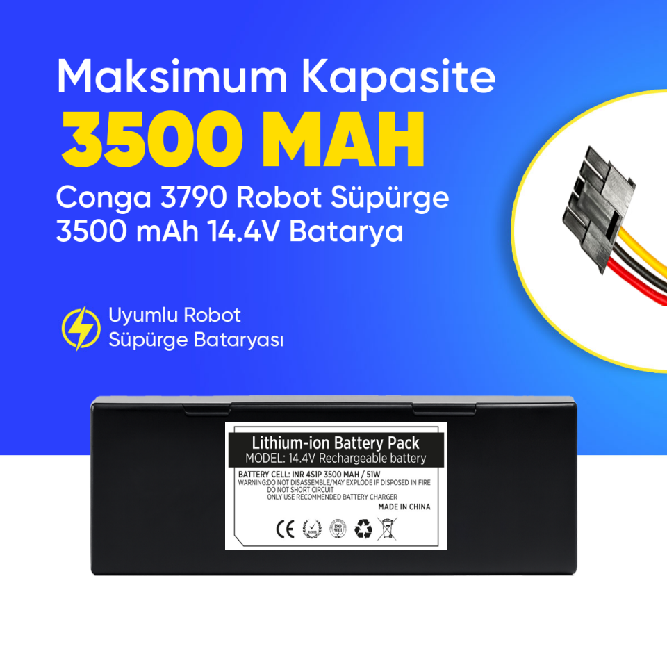 Conga 3790 Robot Süpürge 3500 mAh 14.4 V,  Batarya – Orjinal Uyumlu Uzun Ömürlü, Yüksek Performans Pil