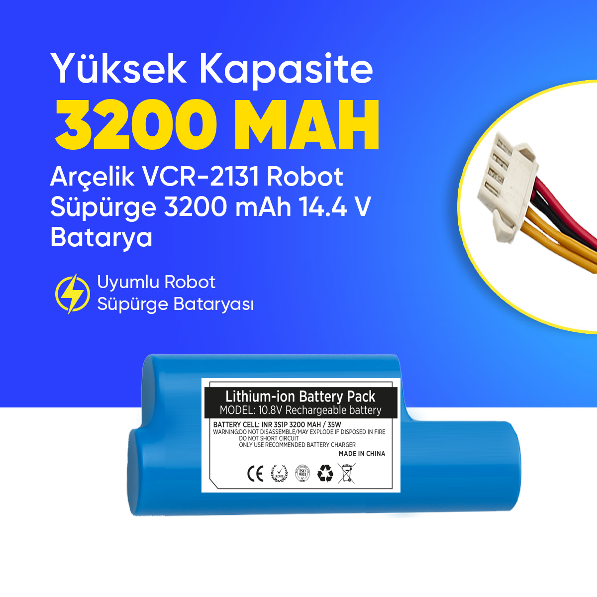 Arçelik VCR-2131 Robot Süpürge 3200 mAh 14.4 V  Batarya – Orjinal Uyumlu Uzun Ömürlü, Yüksek Performans Pil