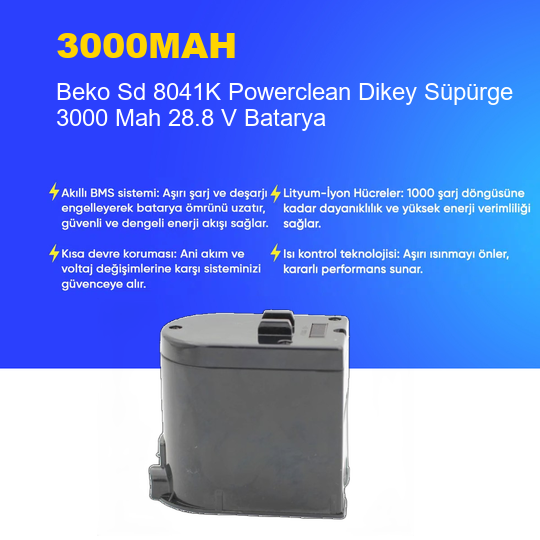 Beko Sd 8041K Powerclean Dikey Süpürge 3000 Mah 28.8 V Batarya – Orjinal Uyumlu Uzun Ömürlü Pil