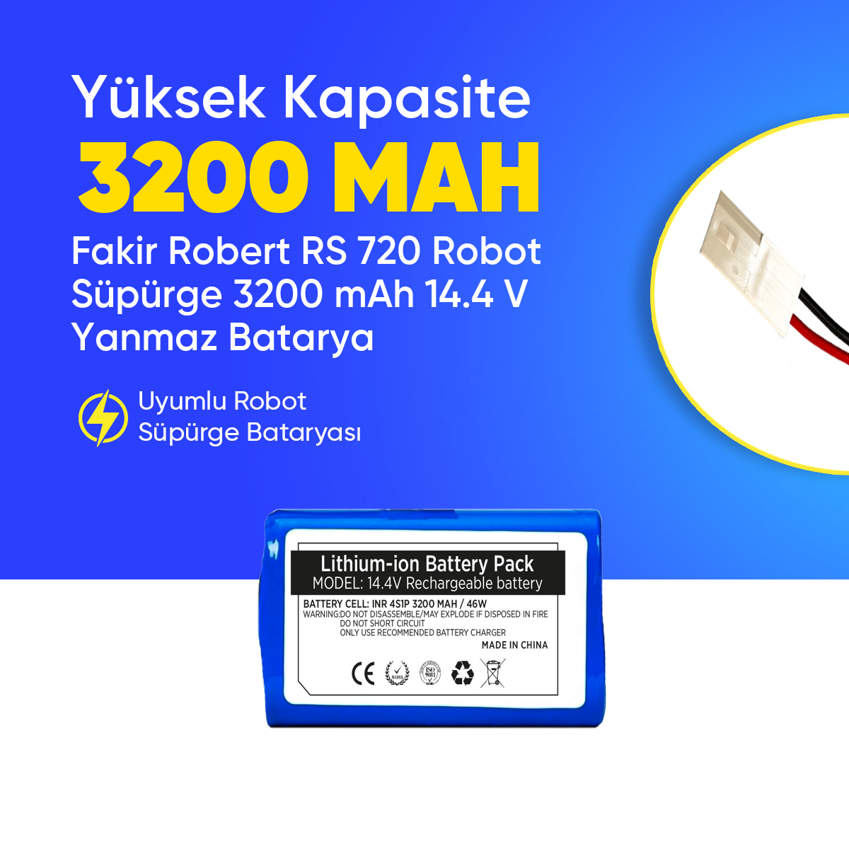Fakir Robert RS 720 Robot Süpürge 3200 mAh 14.4 V Yanmaz Batarya – Orjinal Uyumlu Uzun Ömürlü, Yüksek Performans Pil