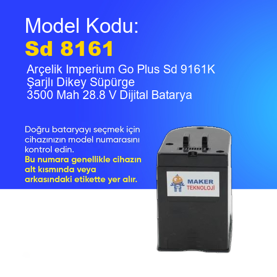 Arçelik Imperium Go Plus Sd 9161K Şarjlı Dikey Süpürge 3500 Mah 28.8 V Dijital Batarya – Orjinal Uyumlu Uzun Ömürlü Pil
