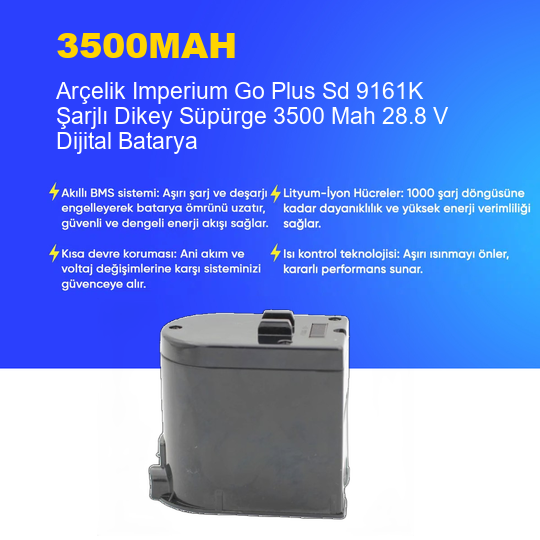 Arçelik Imperium Go Plus Sd 9161K Şarjlı Dikey Süpürge 3500 Mah 28.8 V Dijital Batarya – Orjinal Uyumlu Uzun Ömürlü Pil