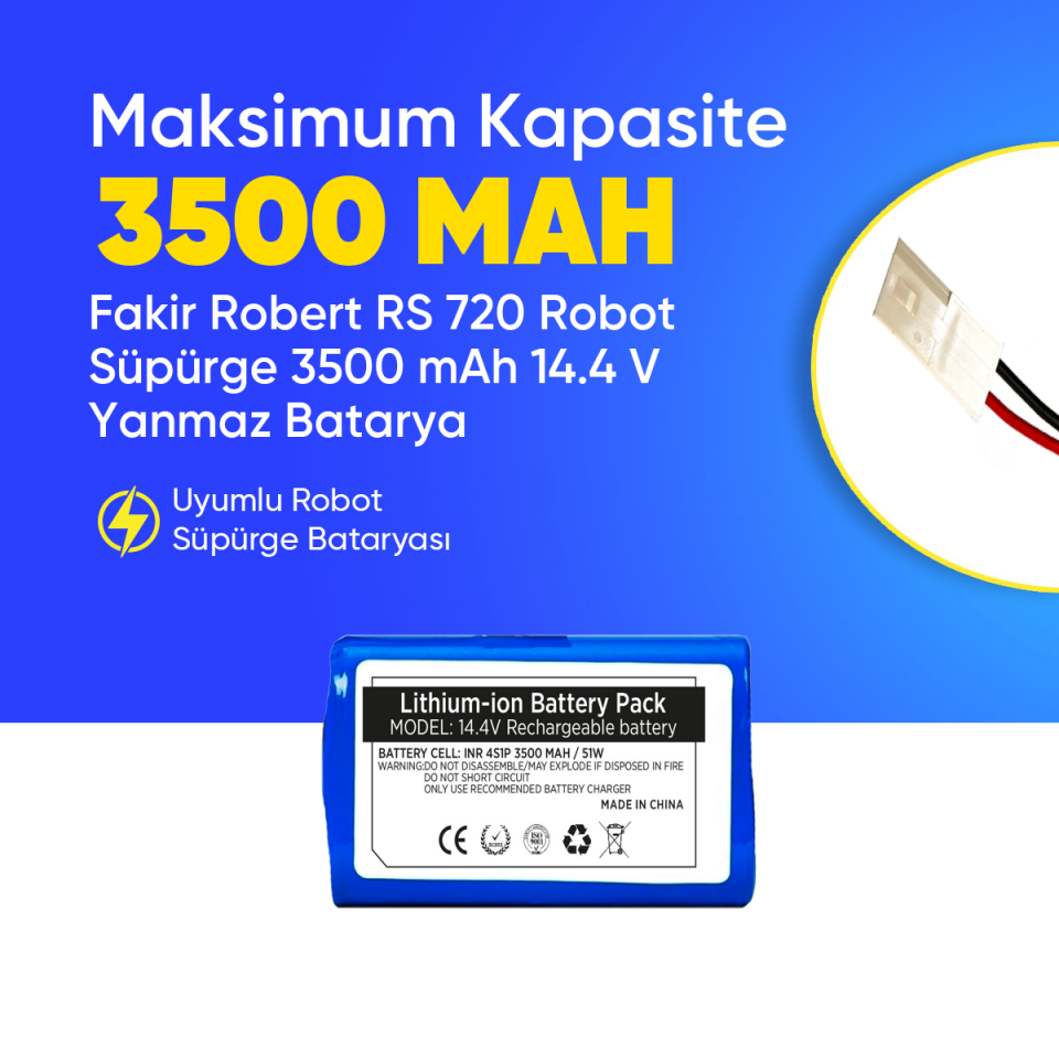Fakir Robert RS 720 Robot Süpürge 3500 mAh 14.4 V Yanmaz Batarya – Orjinal Uyumlu Uzun Ömürlü, Yüksek Performans Pil