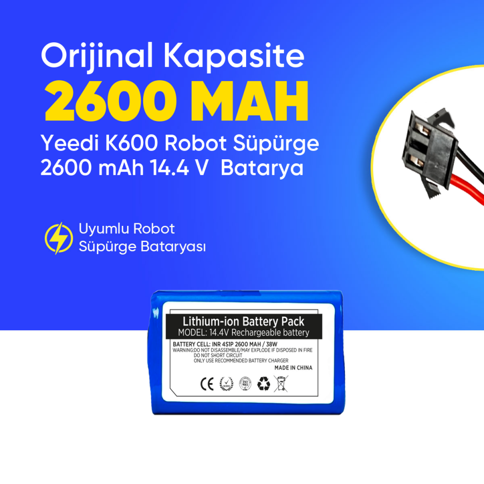 Yeedi K600 Robot Süpürge 2600 mAh 14.4 V  Batarya – Orjinal Uyumlu Uzun Ömürlü, Yüksek Performans Pil