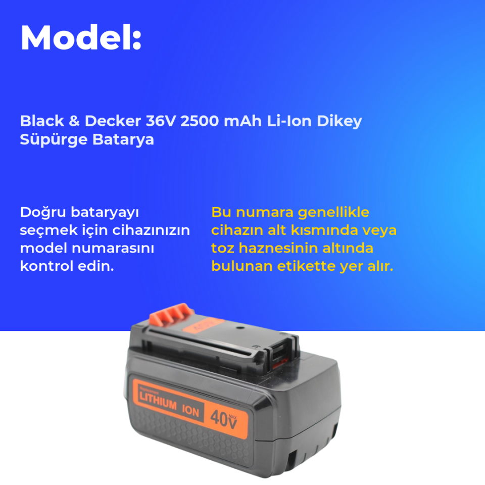 Black & Decker 36V 2.5 AH Li-Ion Dikey Süpürge Batarya