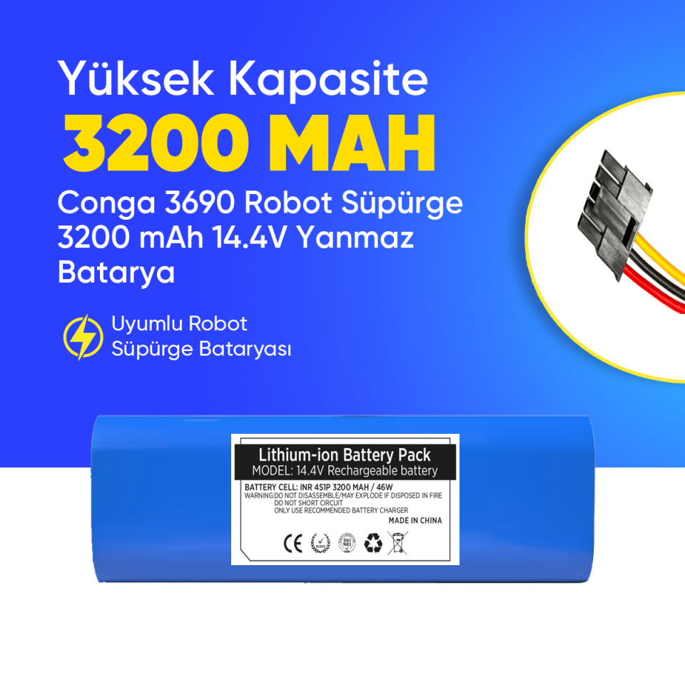 Conga 3690 Robot Süpürge 3200 mAh 14.4 V, Yanmaz Batarya – Orjinal Uyumlu Uzun Ömürlü, Yüksek Performans Pil