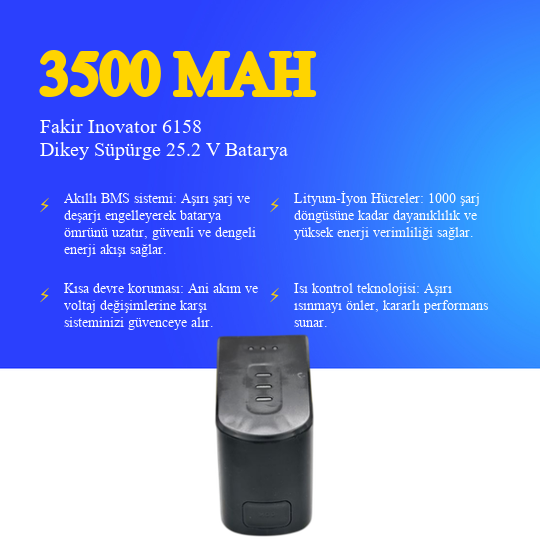 Fakir Inovator 6158 Dikey Süpürge 3500 mAh 25.2 V Batarya – Orjinal Uyumlu Uzun Ömürlü, Yüksek Performans Pil
