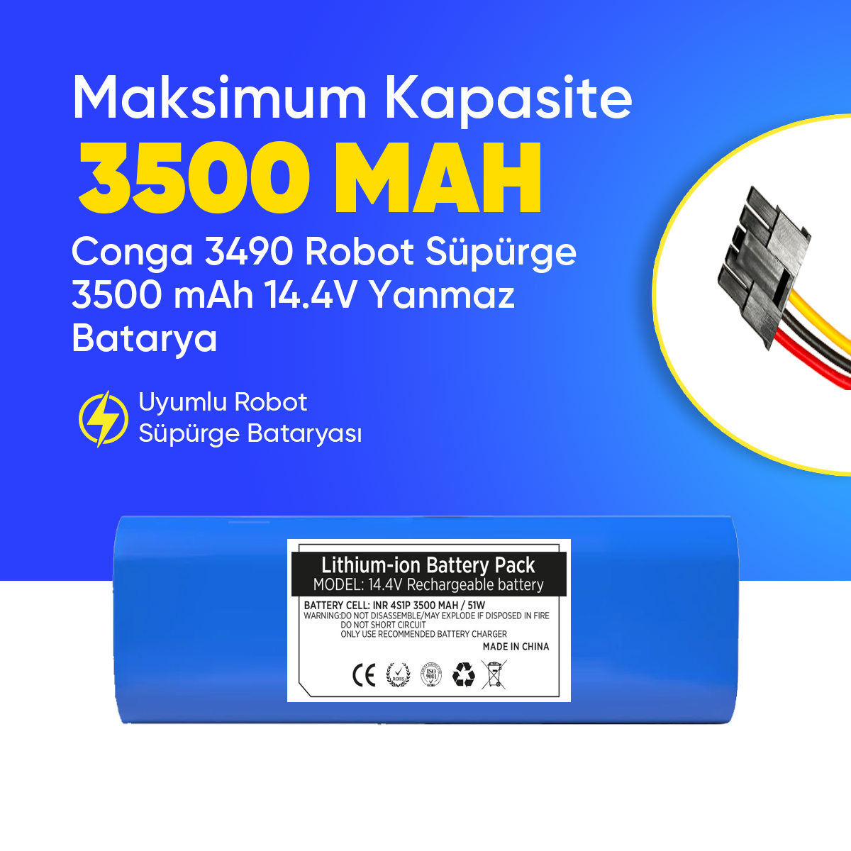 Conga 3490 Robot Süpürge 3500 mAh 14.4 V, Yanmaz Batarya – Orjinal Uyumlu Uzun Ömürlü, Yüksek Performans Pil