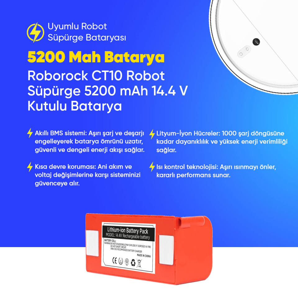 Roborock CT10 Robot Süpürge 5200 mAh 14.4 V Kutulu Batarya – Orjinal Uyumlu Uzun Ömürlü, Yüksek Performans Pil