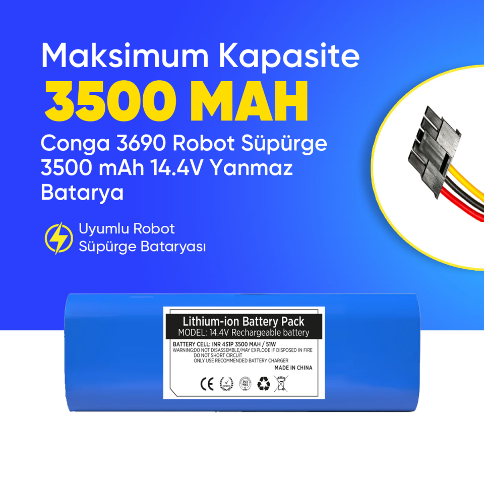 Conga 3690 Robot Süpürge 3500 mAh 14.4 V, Yanmaz Batarya – Orjinal Uyumlu Uzun Ömürlü, Yüksek Performans Pil