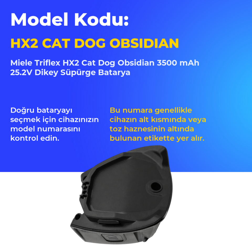 Miele Triflex HX2 Cat Dog Obsidian 3500 mAh 25.2V Dikey Süpürge Batarya