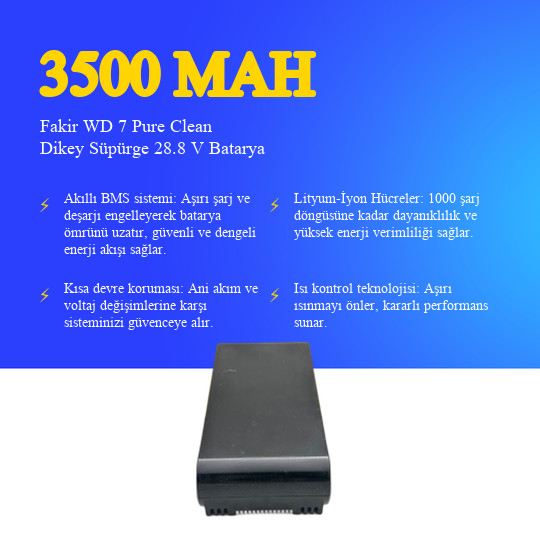 Fakir WD 7 Pure Clean Dikey Süpürge 3500 mAh 28.8 V Batarya – Orjinal Uyumlu Uzun Ömürlü, Yüksek Performans Pil