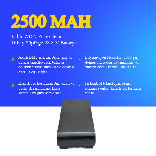Fakir WD 7 Pure Clean Dikey Süpürge 2500 mAh 28.8 V Batarya – Orjinal Uyumlu Uzun Ömürlü, Yüksek Performans Pil