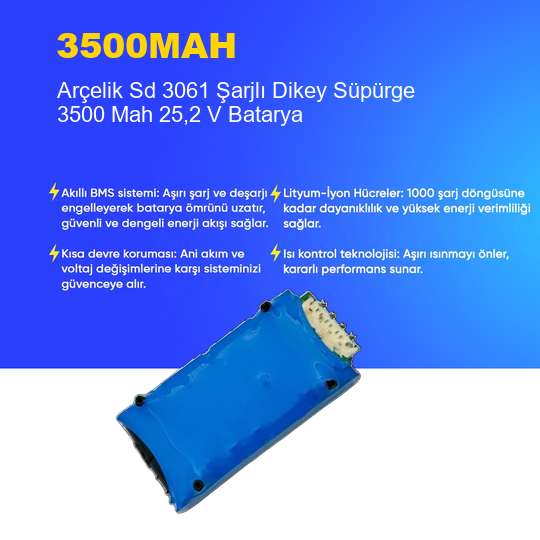 Arçelik Sd 3061 Şarjlı Dikey Süpürge 3500 Mah 25,2 V Batarya – Orjinal Uyumlu Uzun Ömürlü, Yüksek Performans Pil